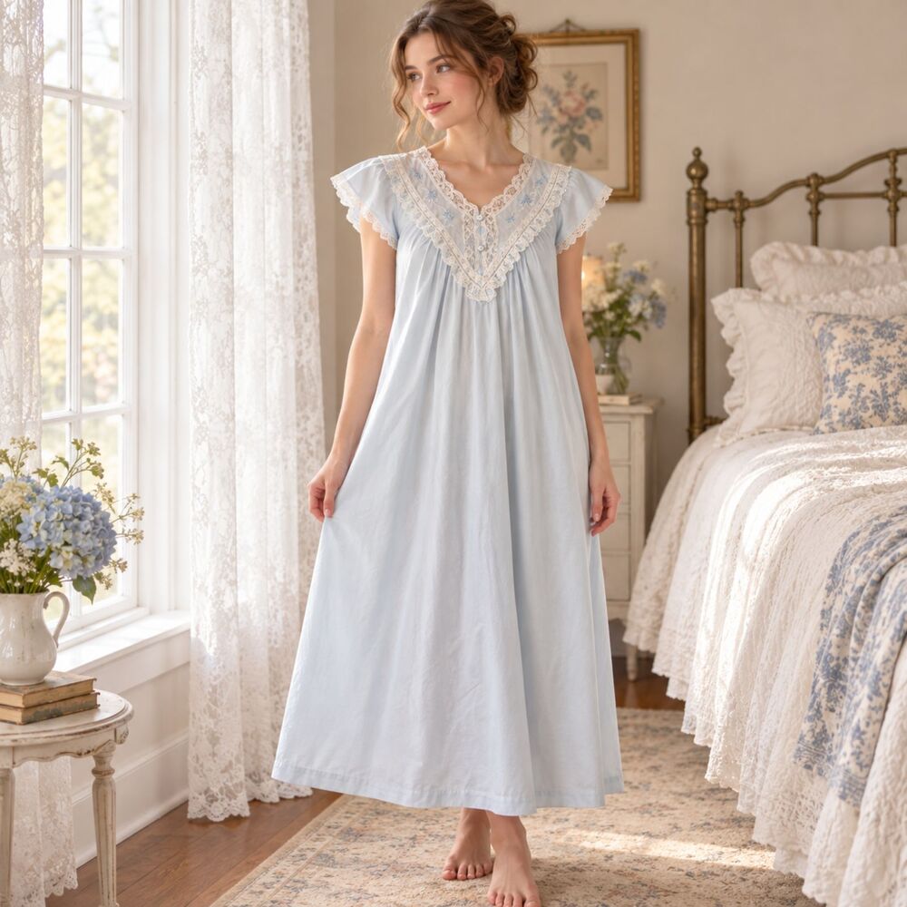 Vintage Barbizon Nightgown Women’s Small Blue Lace Embroidered Flutter Sleeve